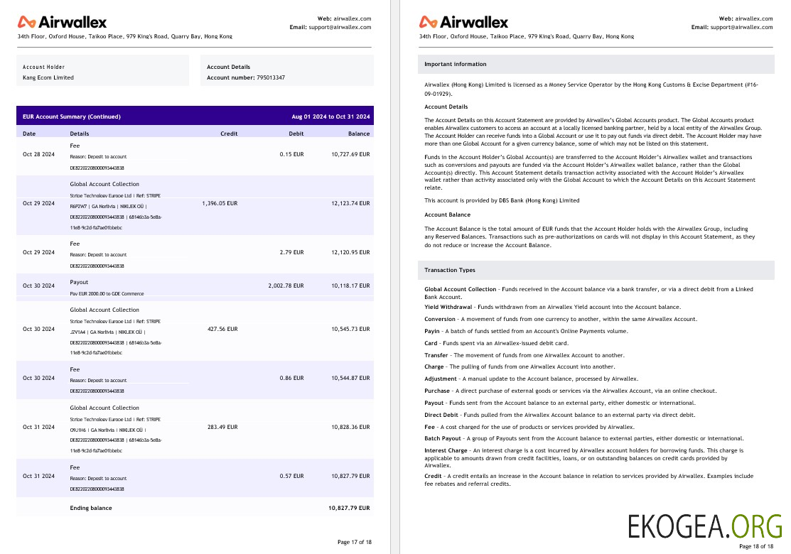 Relevé de compte de Hong Kong Airwallex Limited, 18 pages 9